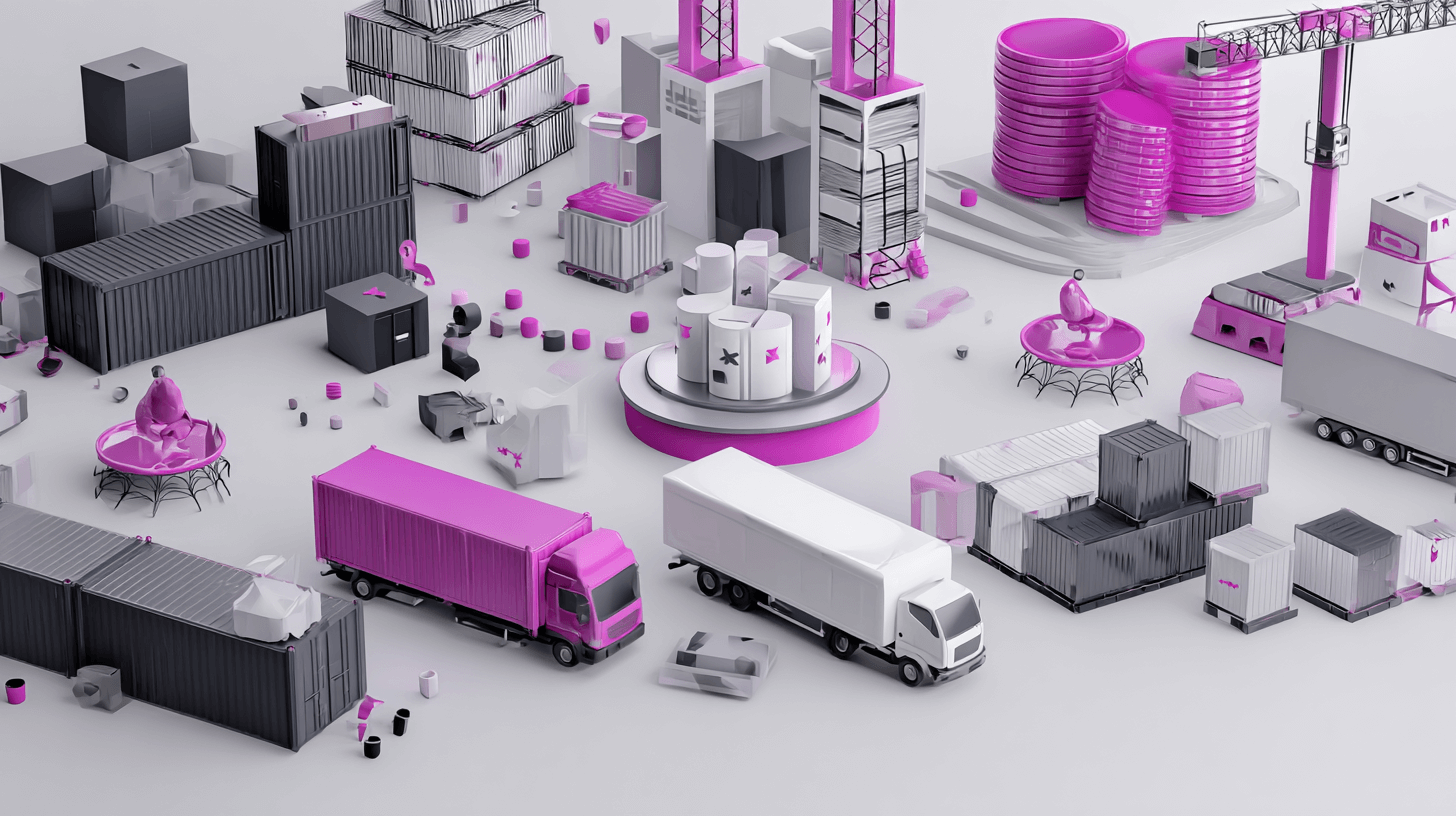 Dropshipping suppliers network: factories, containers, trucks and drones moving goods in a pink and gray 3D scene