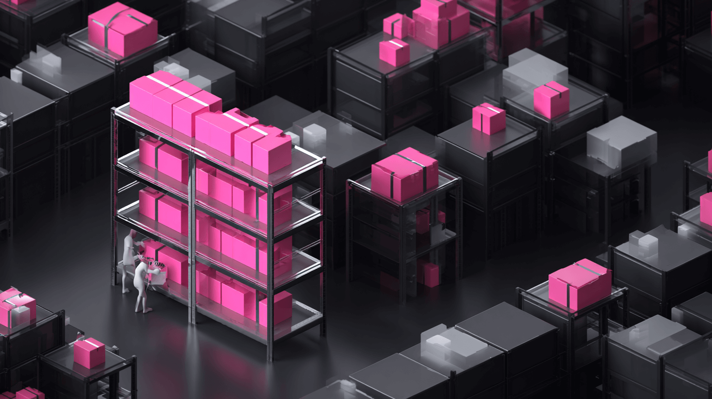 Inventory management in an isometric dark warehouse with shelving full of pink boxes and a worker checking stock