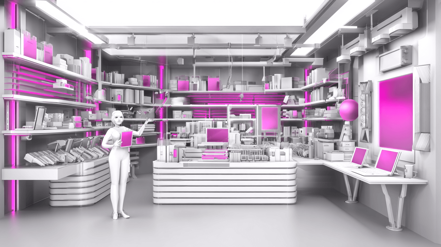 AI chatbot for ecommerce imagined as a virtual assistant standing in a bright pink and white online store