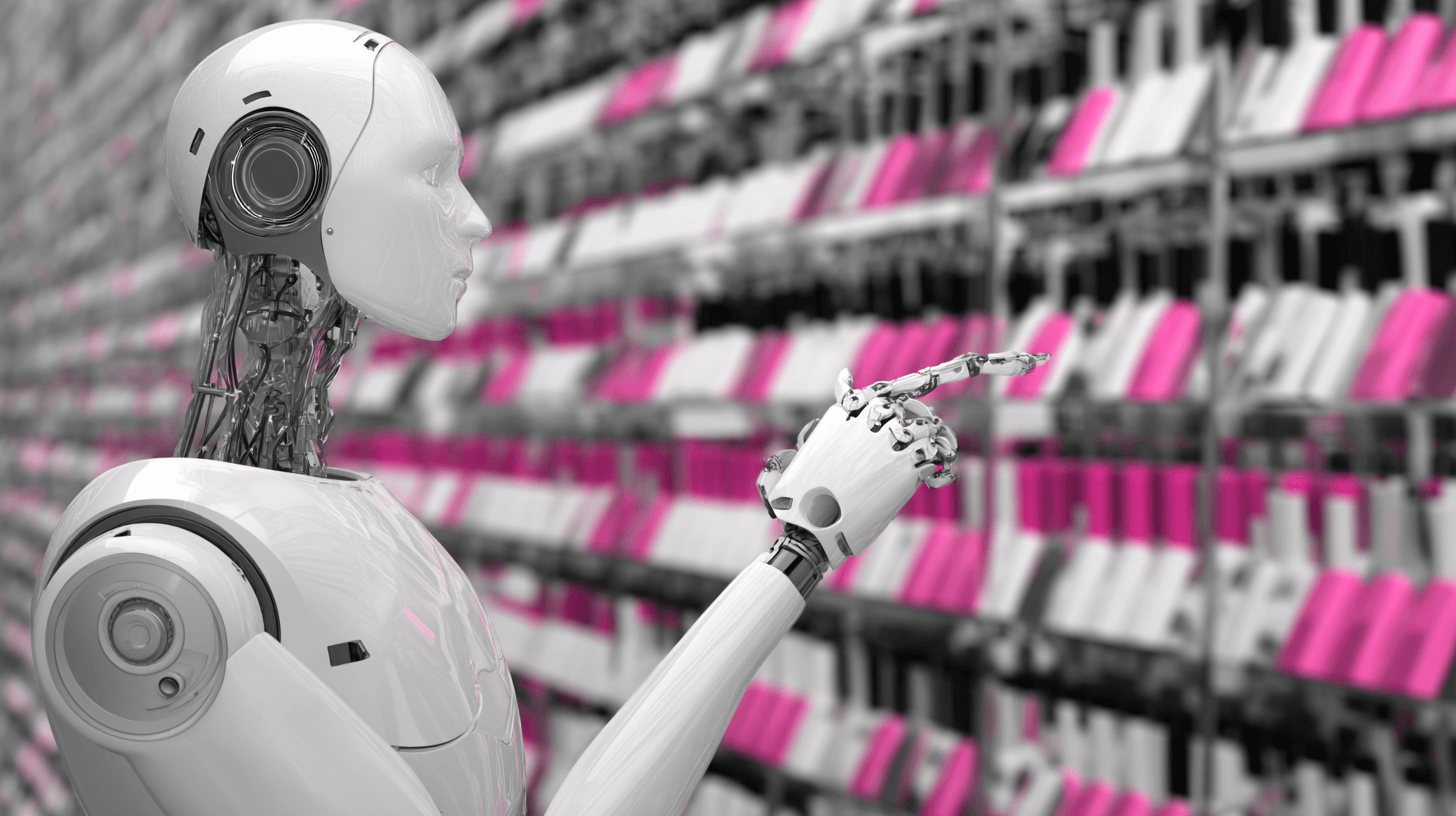 AI for inventory management automation: a humanoid robot points at long shelves of pink and gray boxes
