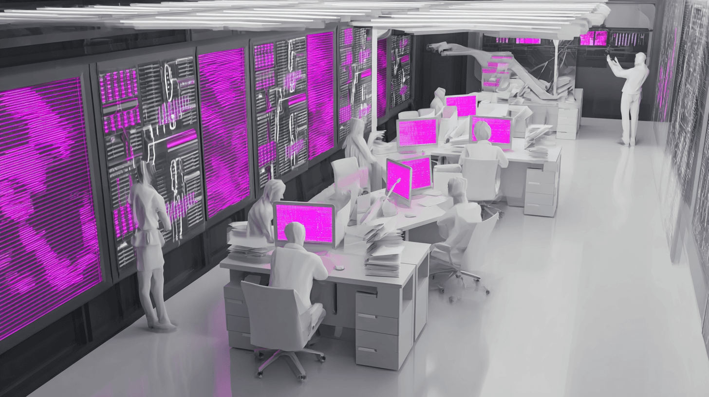 Procurement data management team working at desks beside server racks with pink data screens