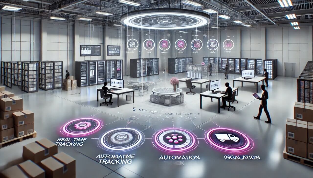 Affordable inventory management software features shown as floor icons for real-time tracking and automation