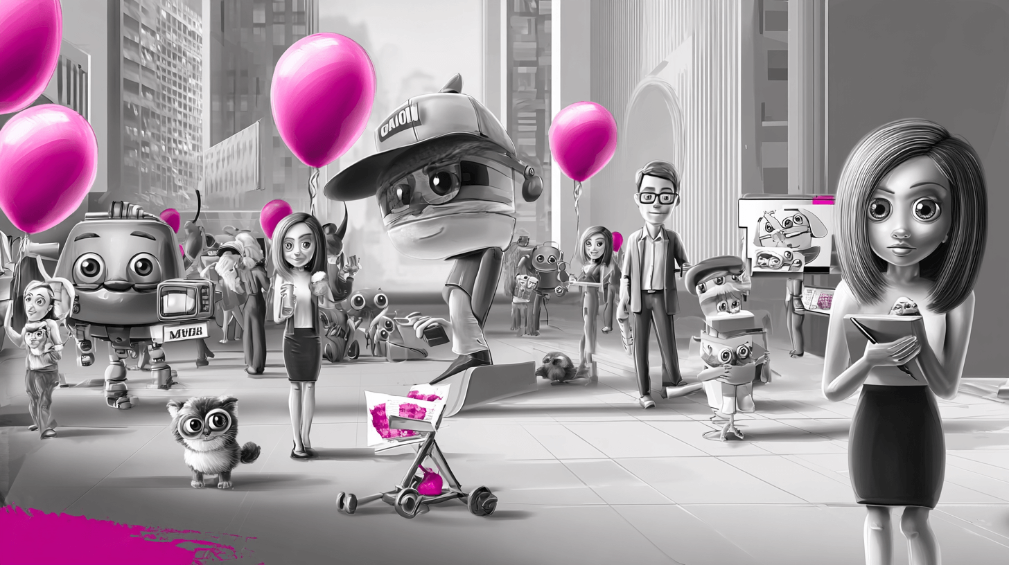 Automated branding scene: cartoon characters, robots and pink balloons in a city street with branded items