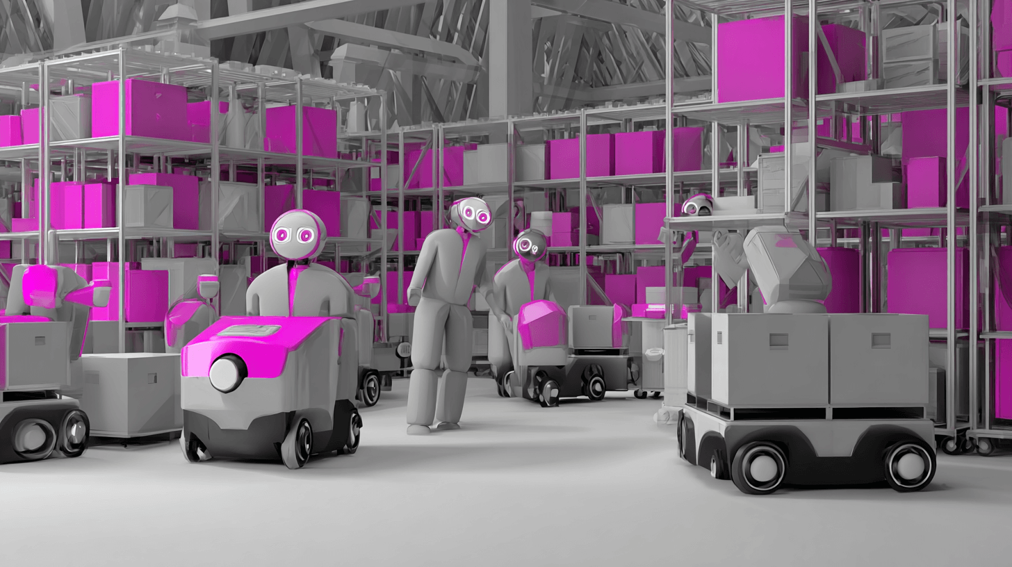 Automated fulfillment warehouse where robots move carts of pink boxes between tall shelves