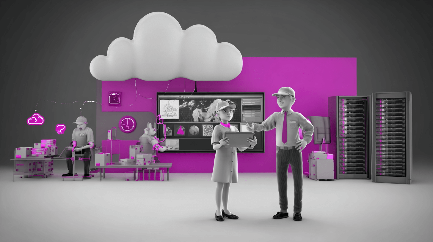 Cloud based inventory software: two workers review stock on a screen under a cloud, beside server racks