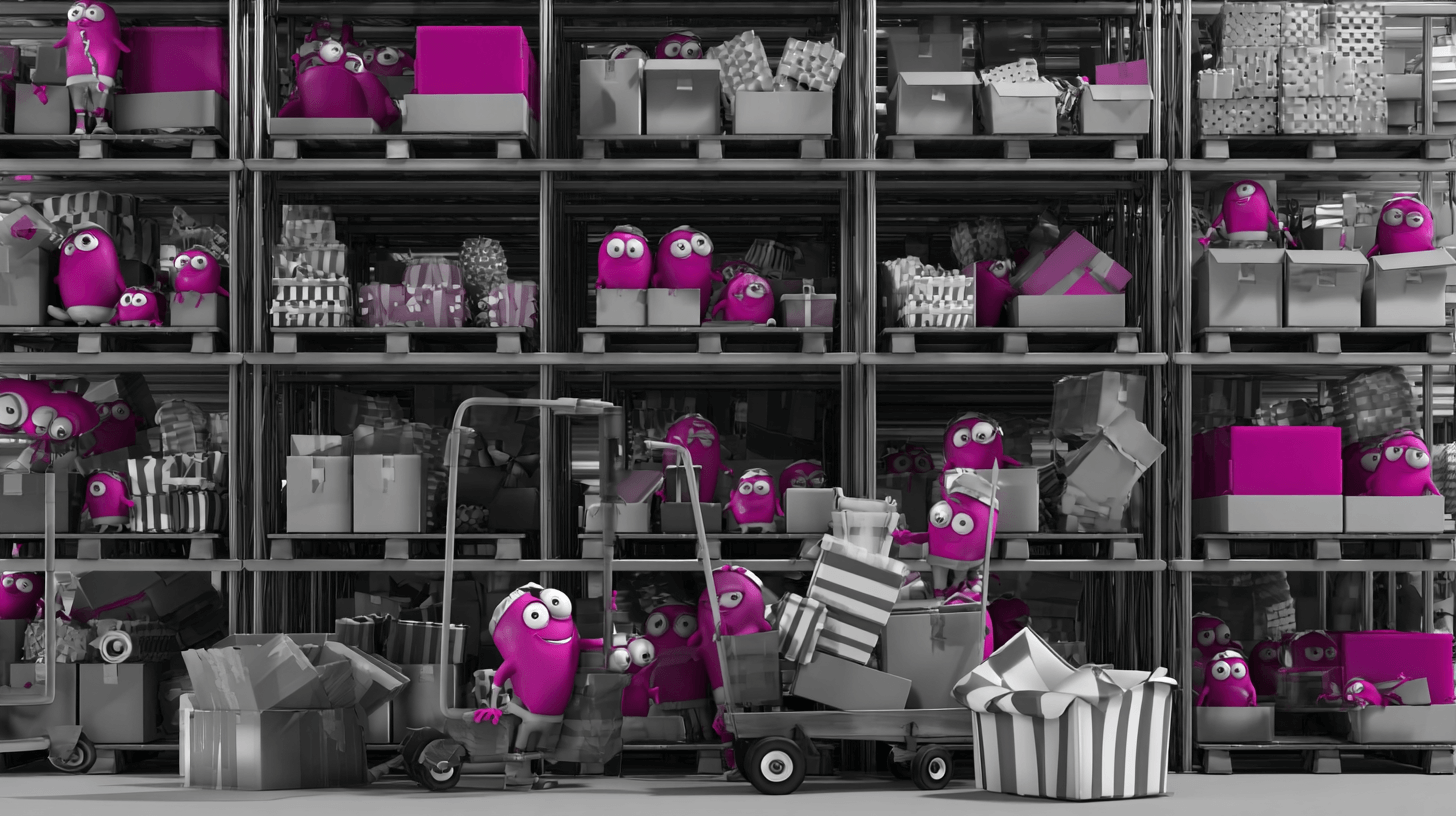 Inventory management for a small business: shelves of boxes, carts and cute pink helper characters