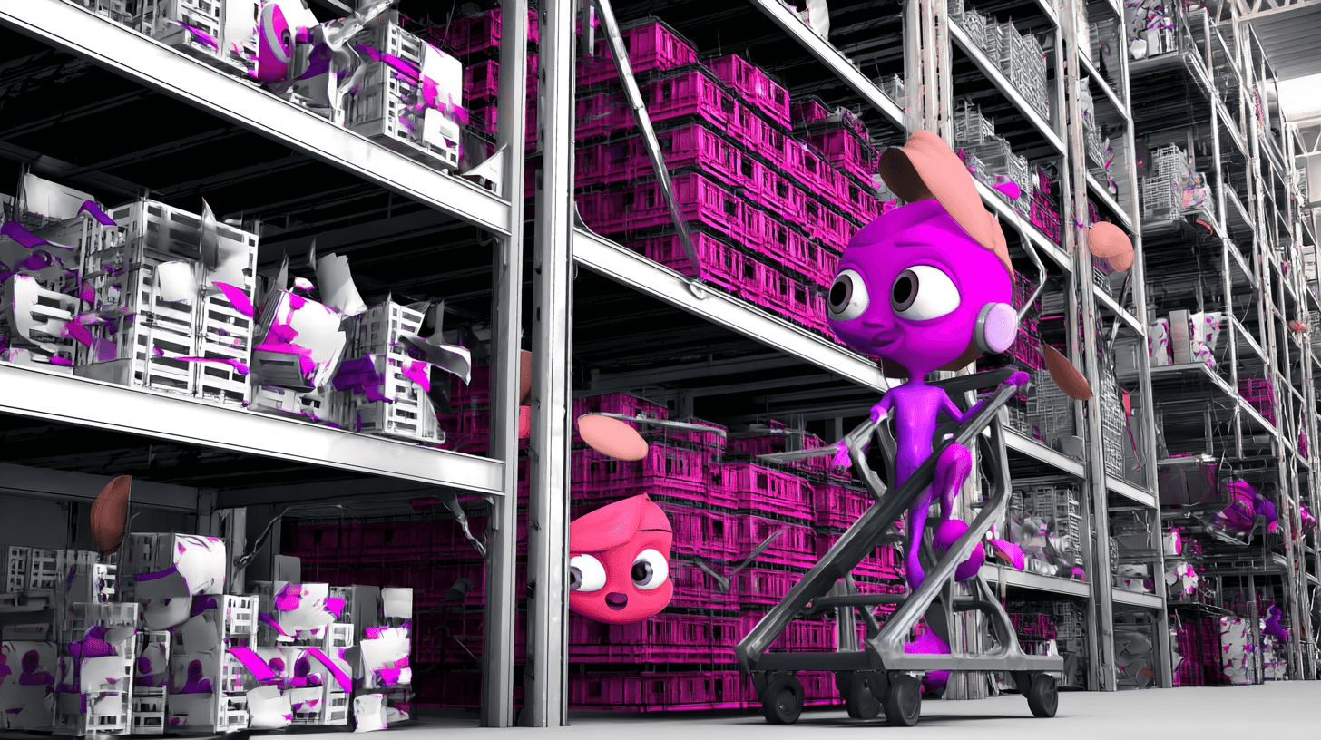 IT inventory tracking software concept: a pink robot pushes a cart past racks of tagged crates and equipment