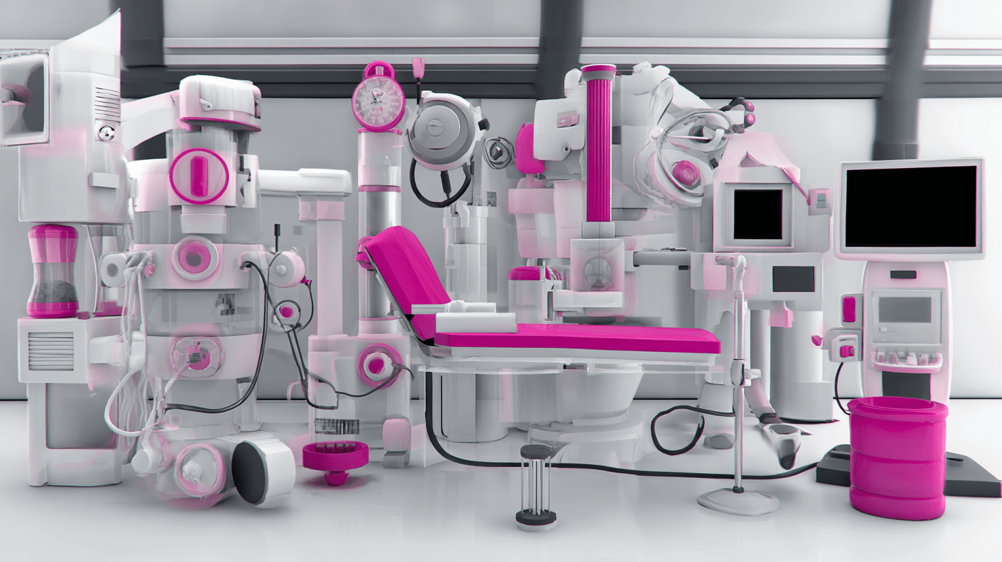 Medical device inventory management concept: hospital equipment, monitors and scanners in a white and pink room