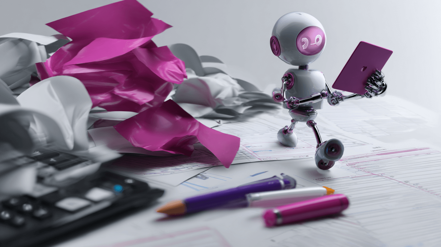 Order automation concept: a small robot carries a tablet across order paperwork on a desk