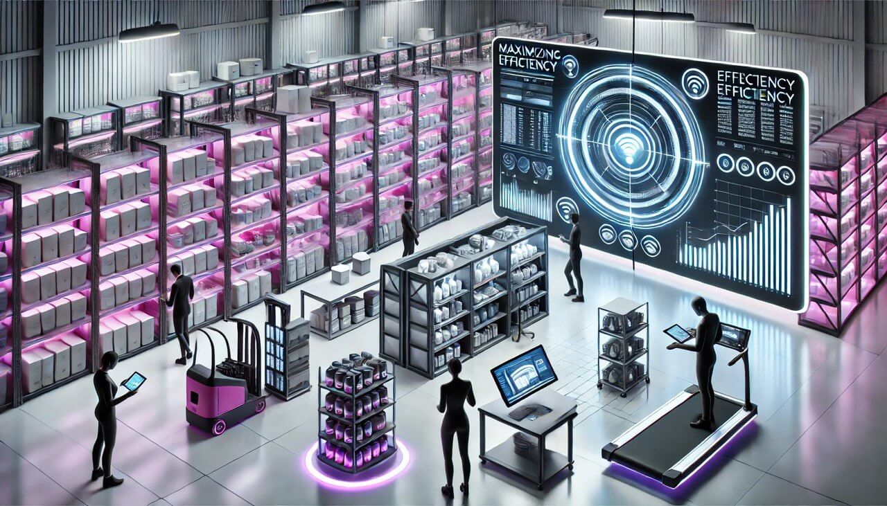 Retail inventory management software dashboard on a large screen in a store with pink-lit shelves and staff