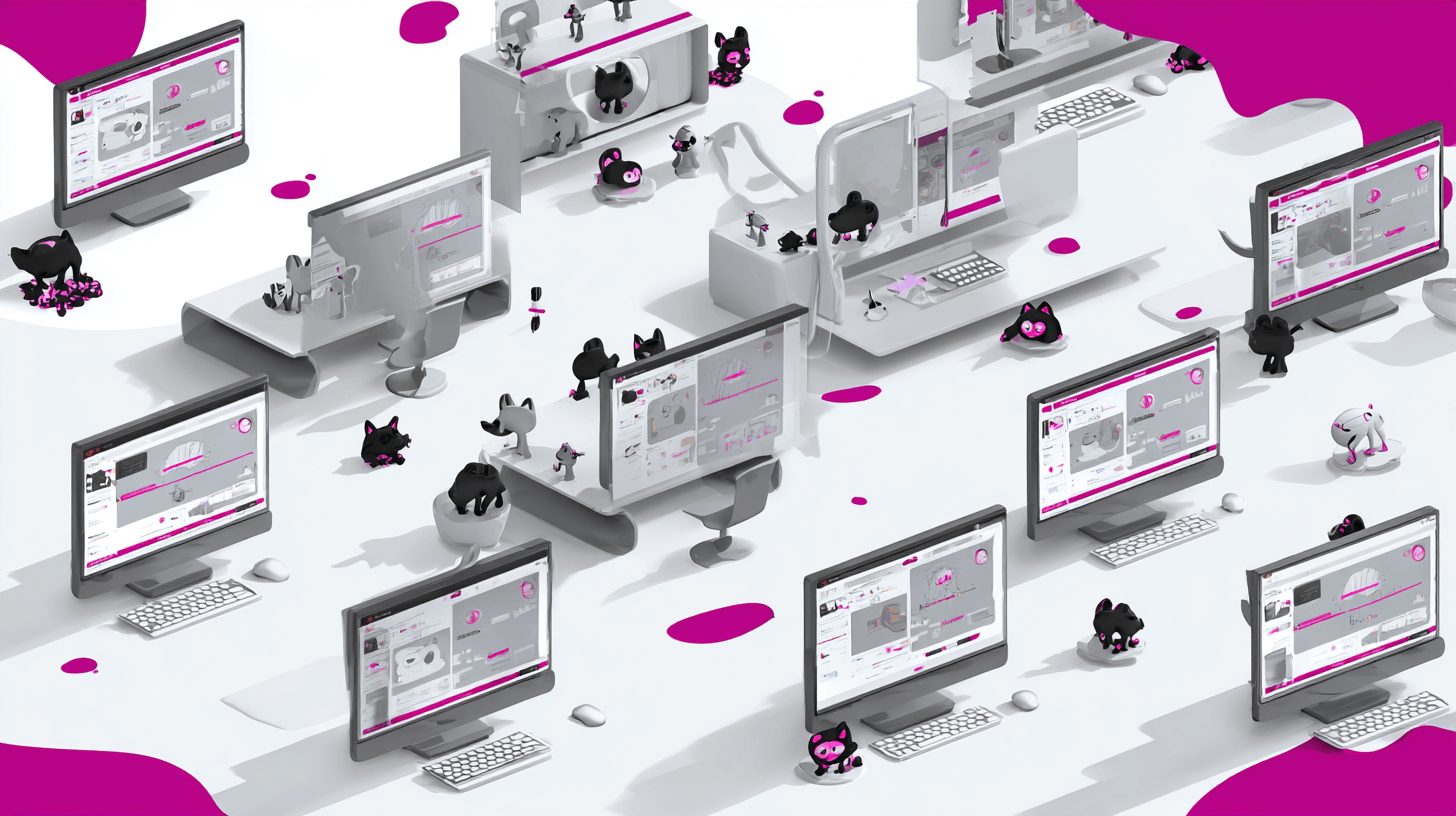 Sales order software running on rows of workstations with order screens and small helper bots