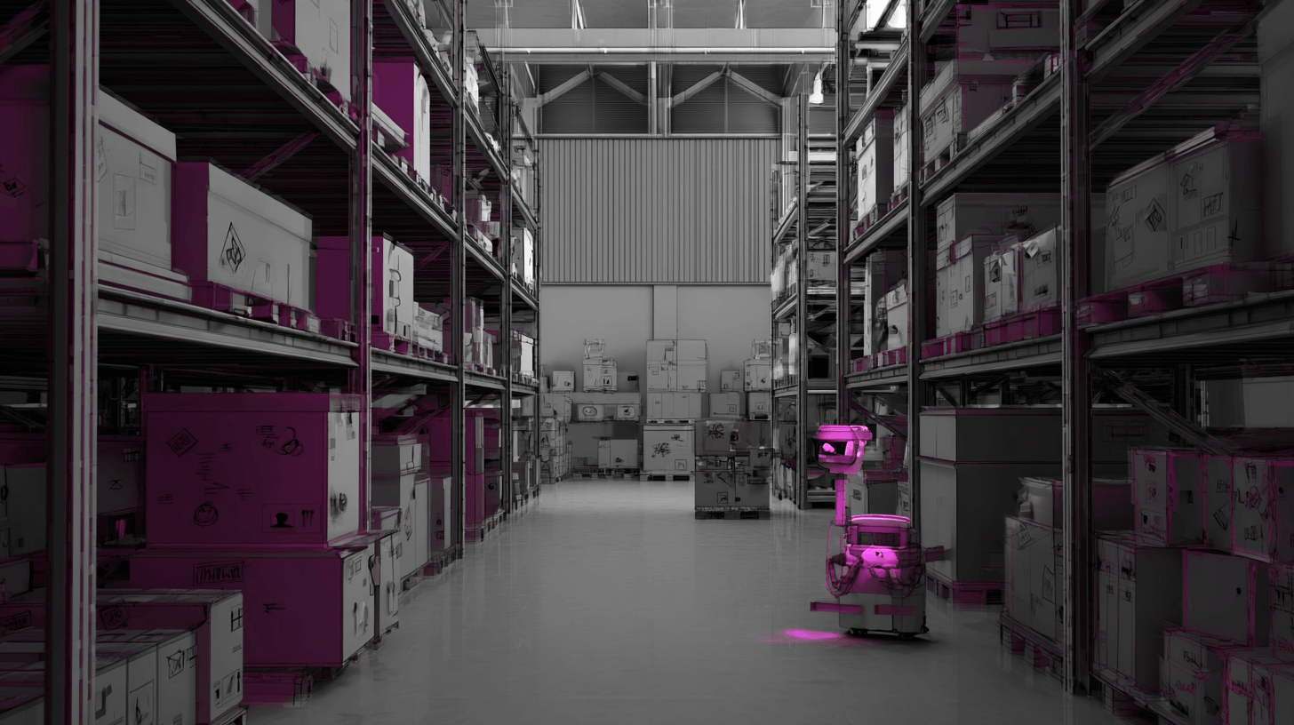 Warehouse inventory tracking in a tall racked aisle with pink-labeled boxes and a small scanning robot