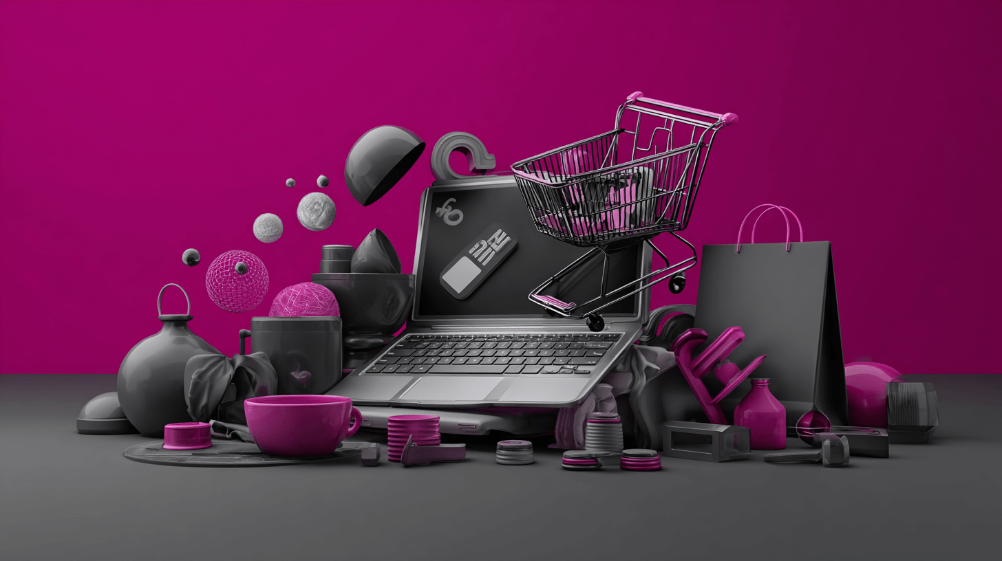 AMZ tools for sellers: a laptop with a shopping cart and bags in a pink and gray 3D scene