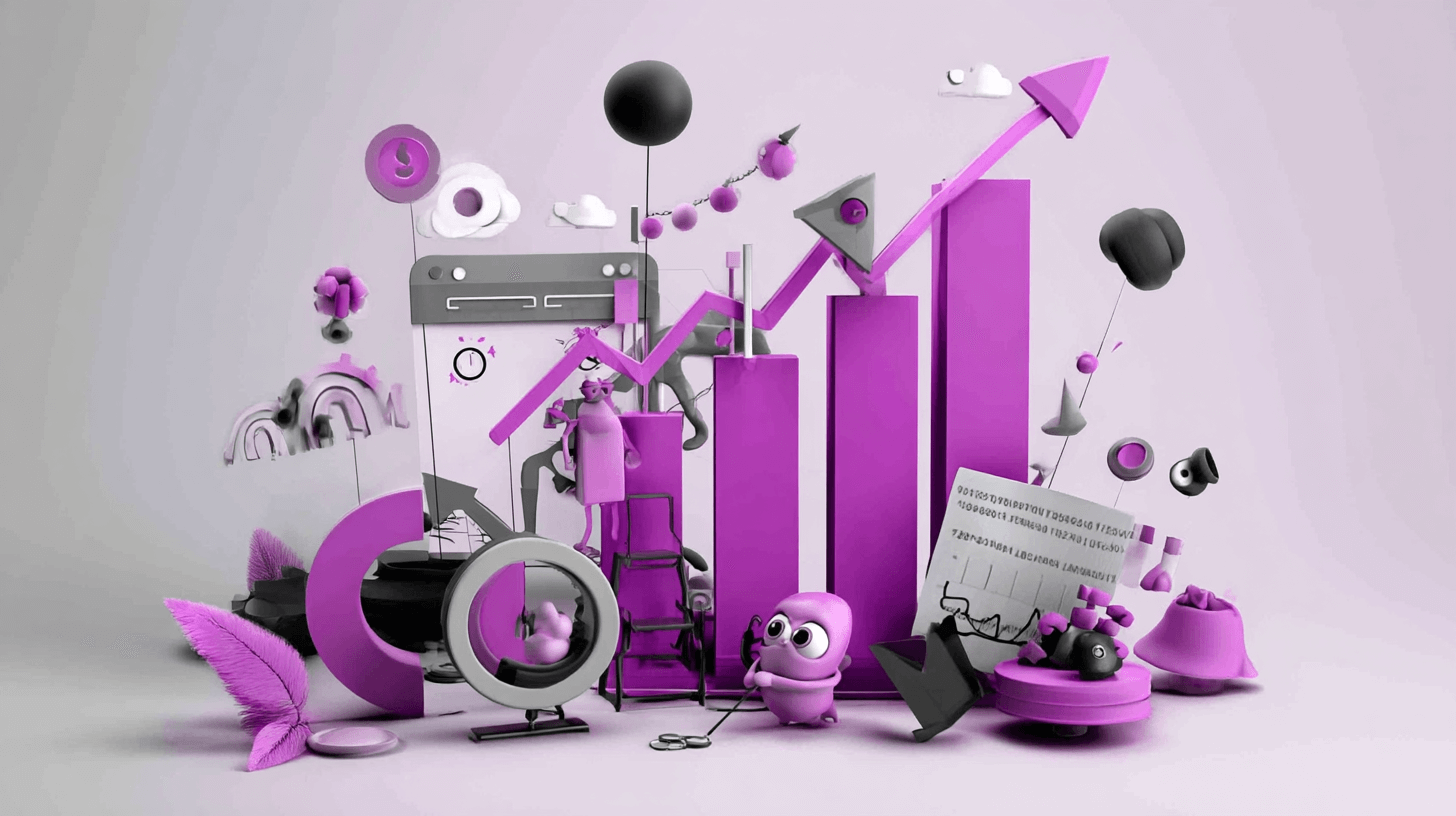 Ecommerce analytics tools concept: rising pink bar charts, a growth arrow and dashboards in a 3D scene