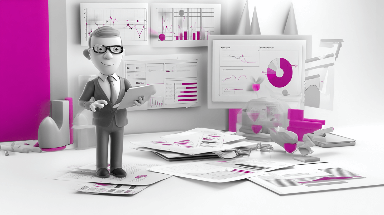Ecommerce data analytics: a cartoon analyst with a tablet in front of sales charts and pie diagrams