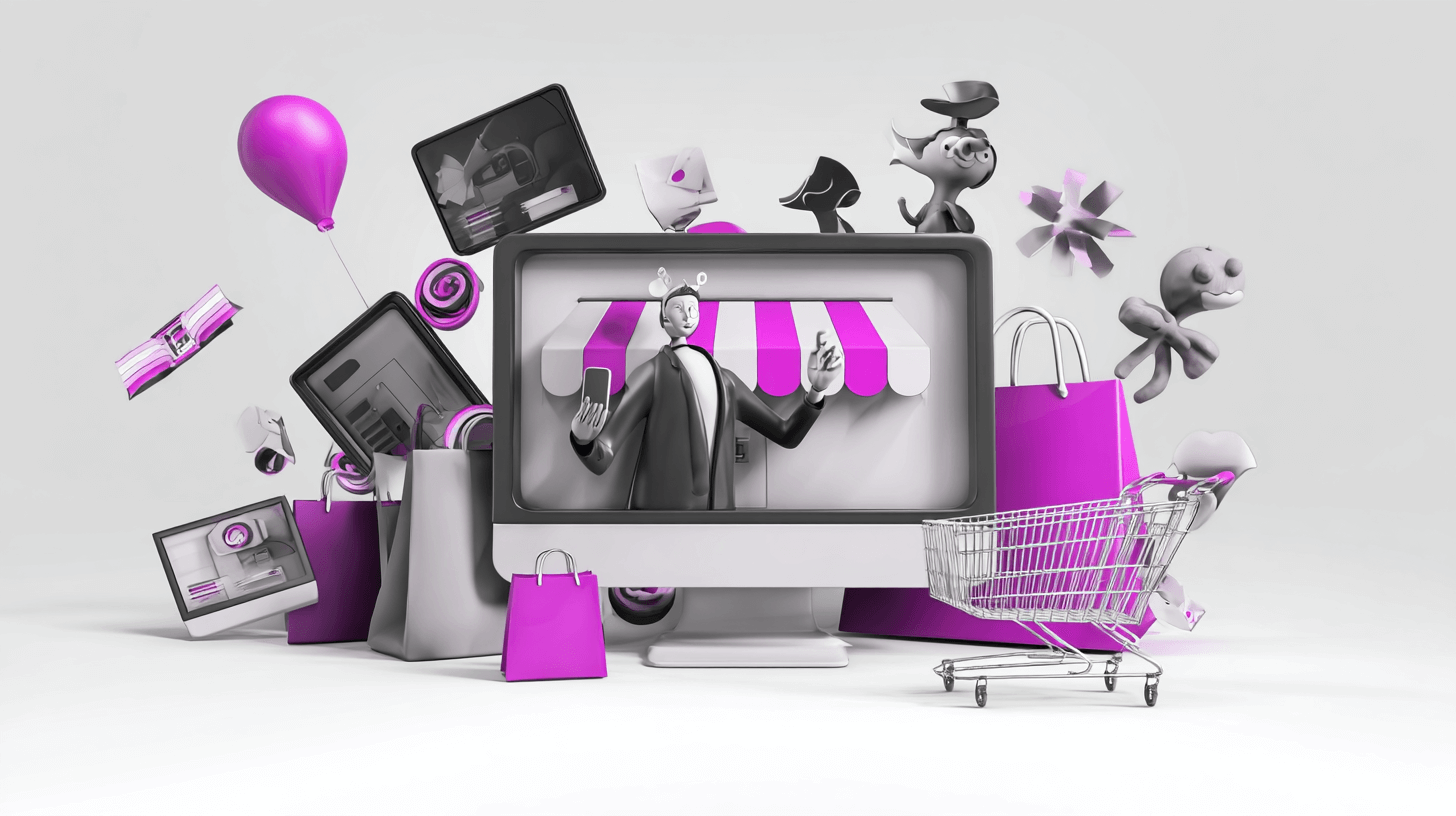 Ecommerce email marketing scene: an online storefront on a monitor with carts, bags and pink balloons