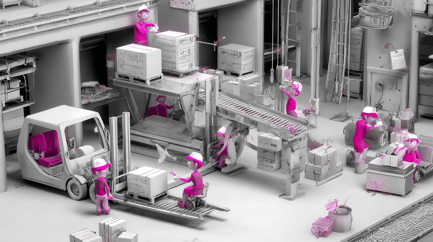 Order fulfillment software in a warehouse scene with workers picking, packing and moving boxes on conveyors