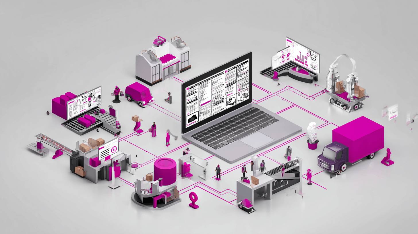 Order management software on a central laptop connecting warehouses, delivery trucks and storefronts