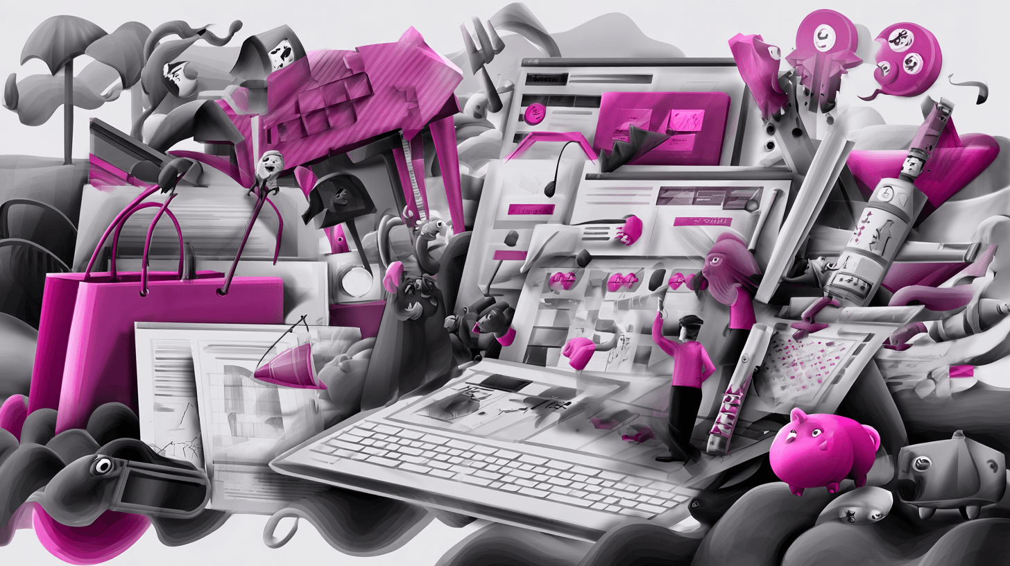 PPC automation software concept: a busy workspace of laptops, keyboards, charts and shopping bags in pink and gray