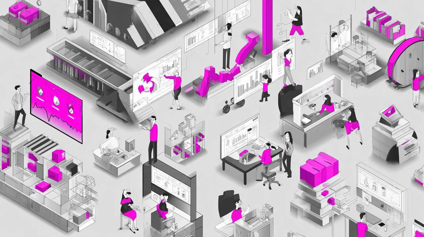 Procurement insights and analytics in an isometric office where teams review charts, orders and supplier data