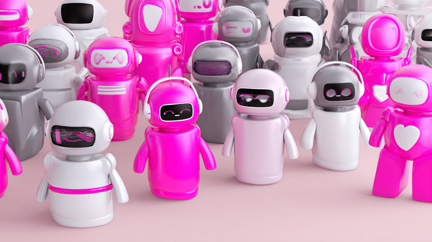 AI personalized experiences shown as a crowd of friendly pink and white robots with different expressions