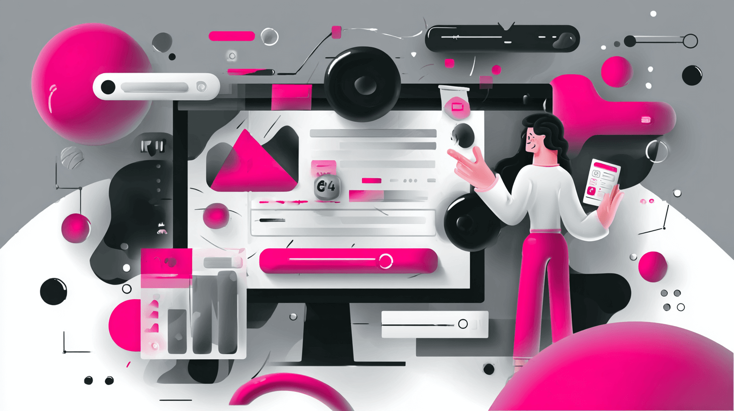 AI tools for ecommerce: a woman with a phone beside a large screen of product data and charts