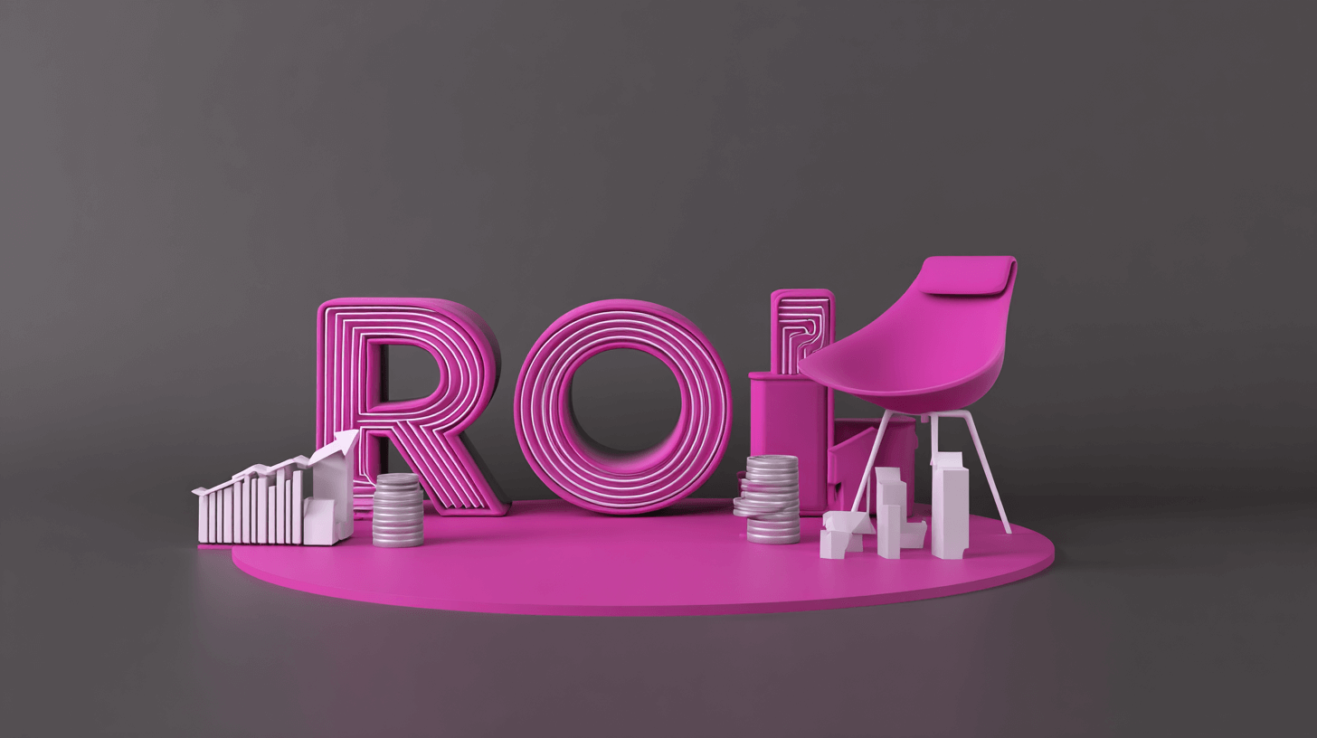 Amazon PPC management focused on ROI: large pink ROI letters with coin stacks on a dark stage