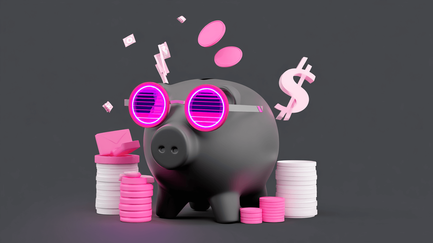 Amazon sales checker concept: a piggy bank with glowing glasses next to coin stacks and a dollar sign