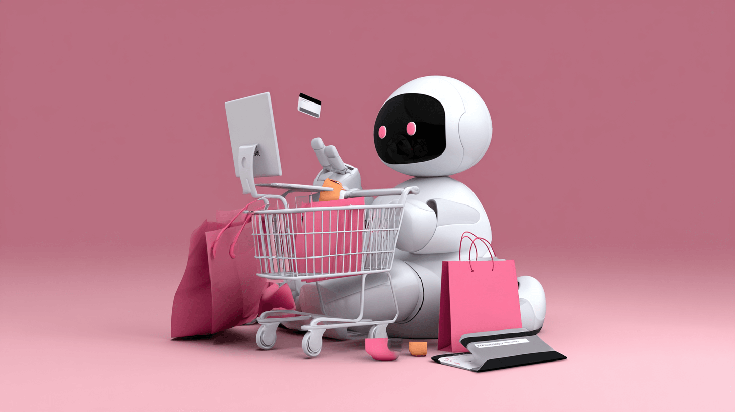 Automatic dropshipping site for Amazon shown as a robot pushing a cart with a laptop and shopping bags
