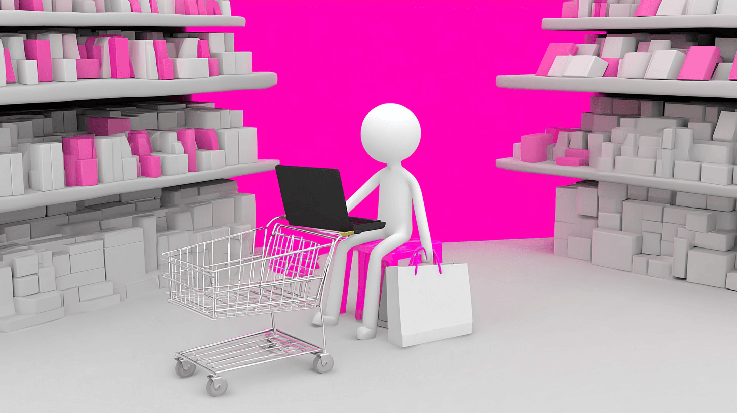 Find products to sell: a figure researches on a laptop while sitting in a shopping cart between stocked shelves
