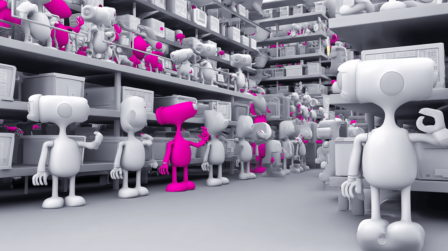 Multi channel inventory management shown as robot helpers sorting boxes on long warehouse shelves