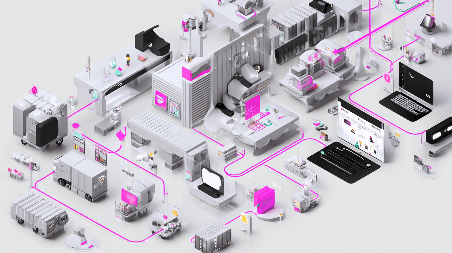 Multichannel order management software linking warehouse machines, laptops and conveyors in one isometric flow