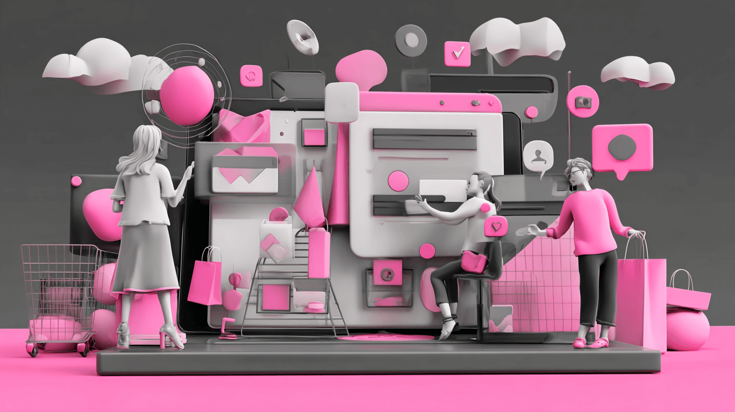 Omni channel marketing platform illustrated as shoppers and marketers around one big screen with chats and offers