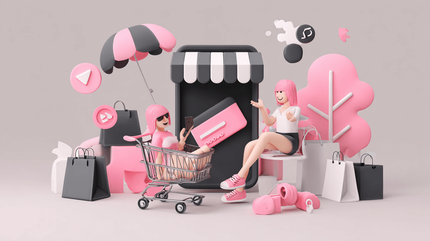 Personalized ecommerce experience: shoppers with bags and a cart around a phone shaped like a storefront