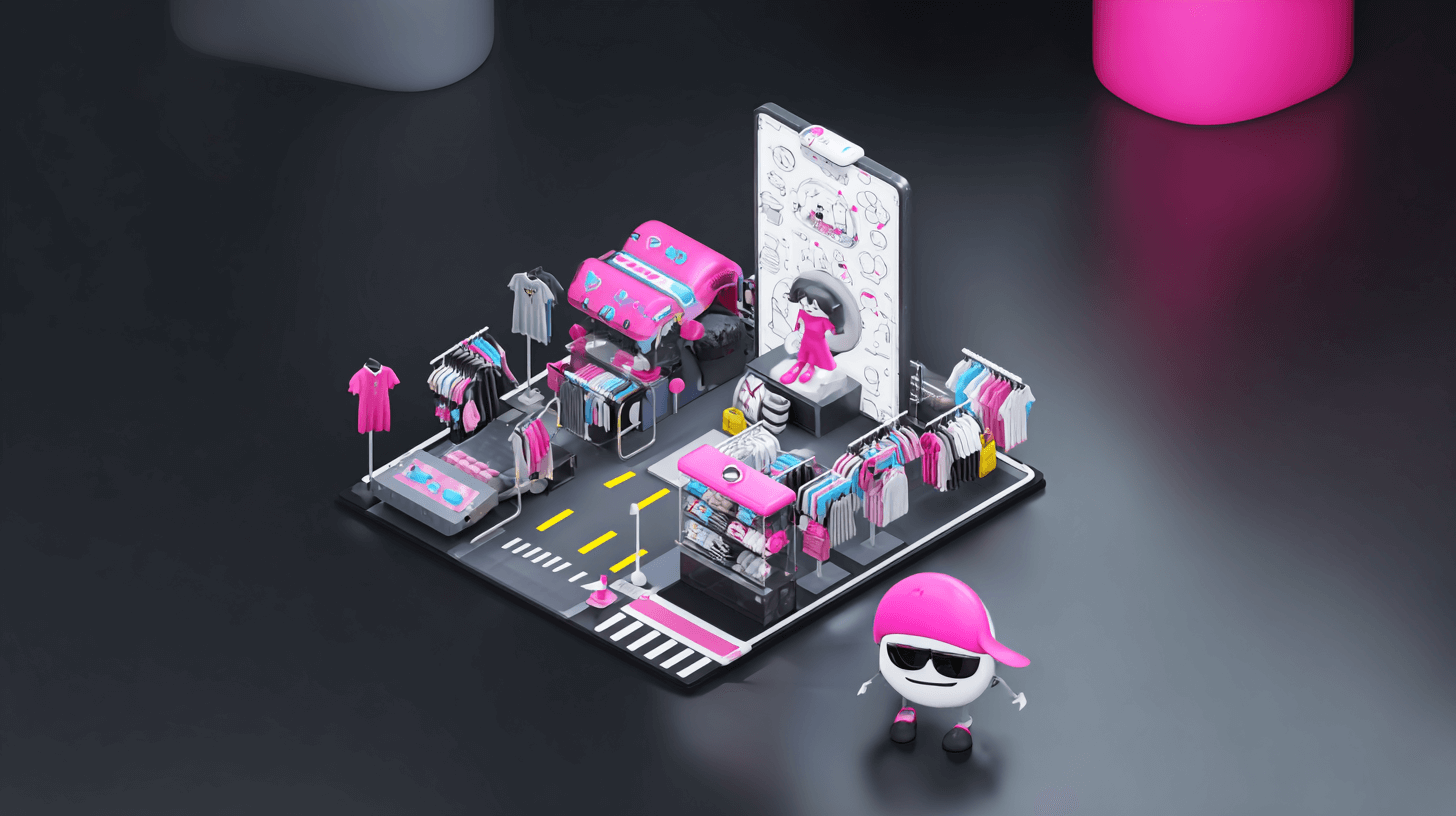 Store dropshipping illustrated as a miniature shopping street with storefronts, a billboard and delivery cars