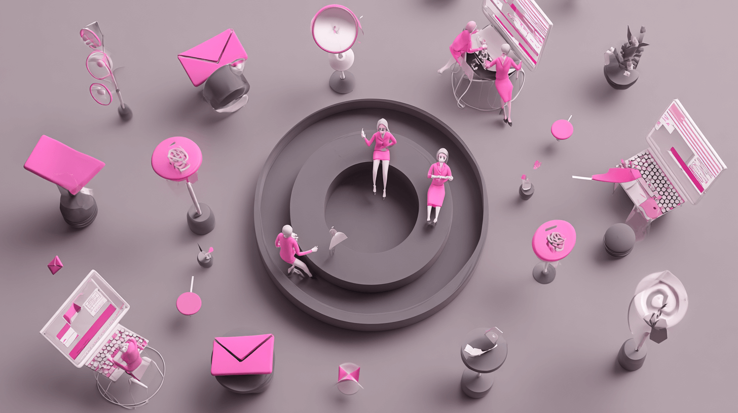B2C marketing automation: customers, emails and devices arranged around a central engagement loop