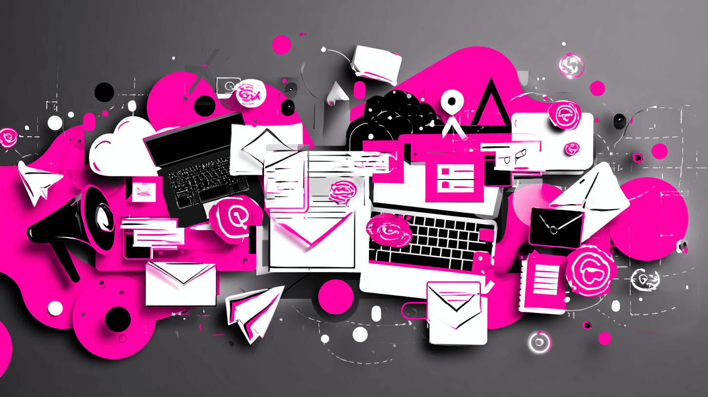 Best email and SMS marketing collage of envelopes, chat bubbles, laptops and paper planes in pink and black