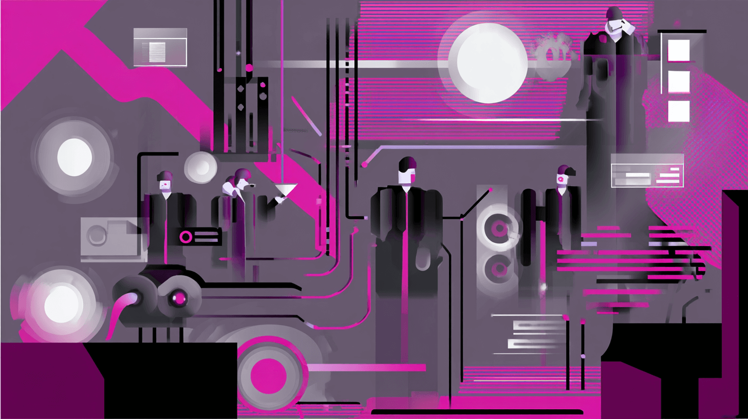 Business automation tools illustrated as people working among connected machines and circuit-like workflows