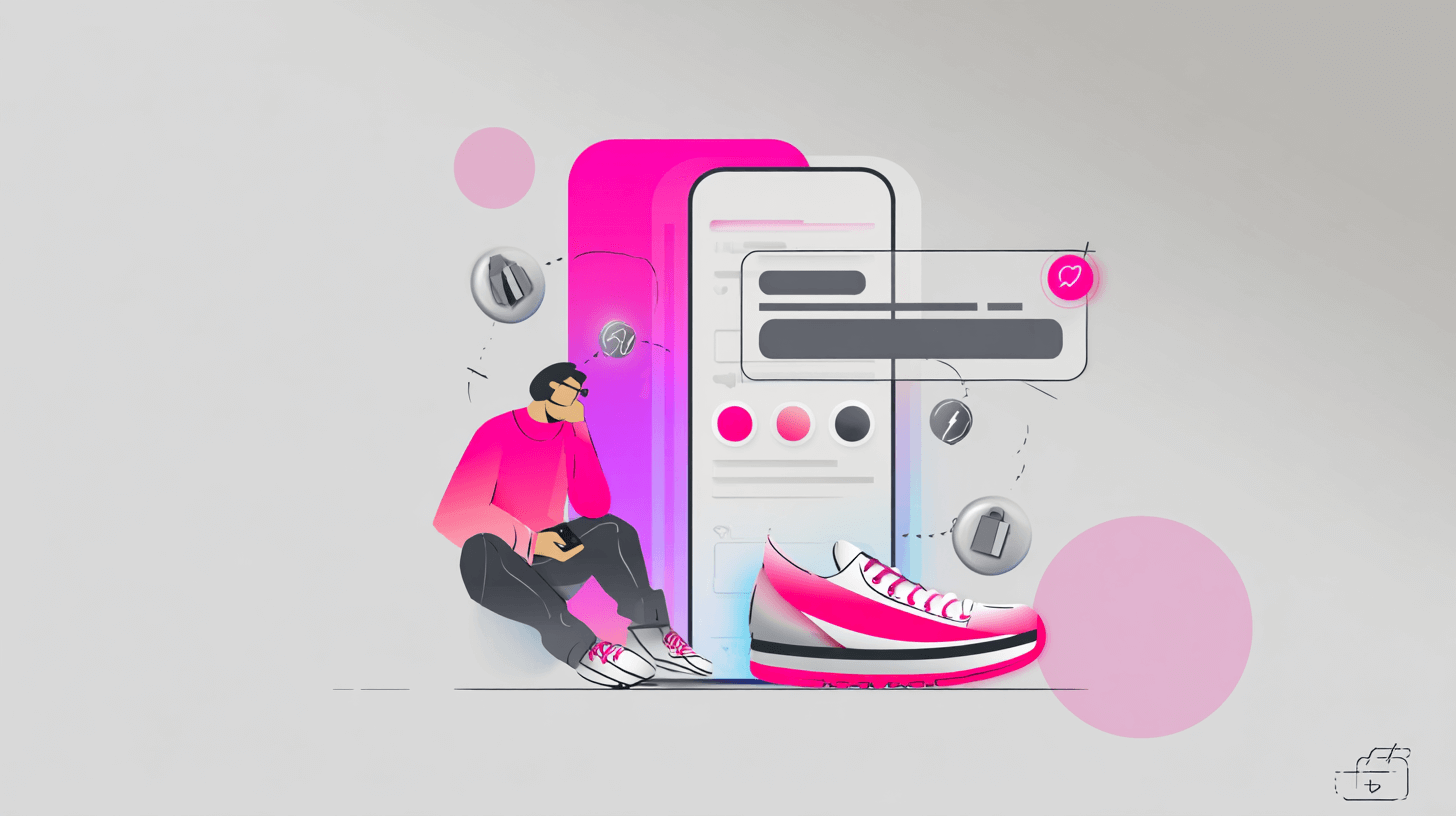 Ecommerce SMS marketing: a shopper reads a text offer on a large phone next to a pink sneaker