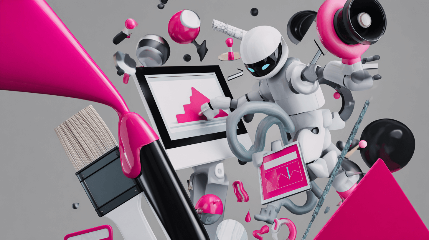 Examples of marketing automation: a robot with a megaphone and laptop charts among pink campaign shapes