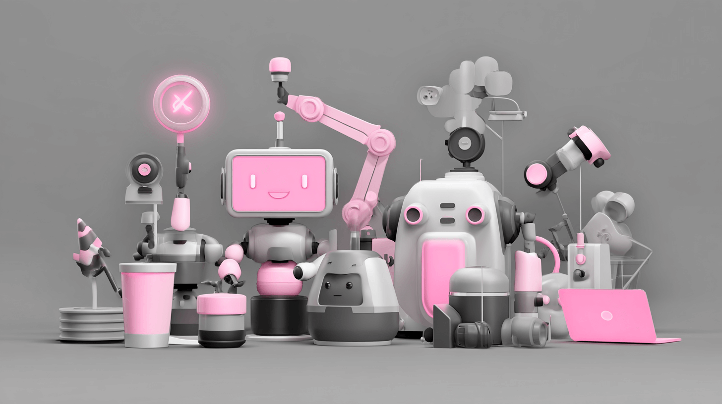 How to set up marketing automation shown as friendly robots and machines working together on pink tasks