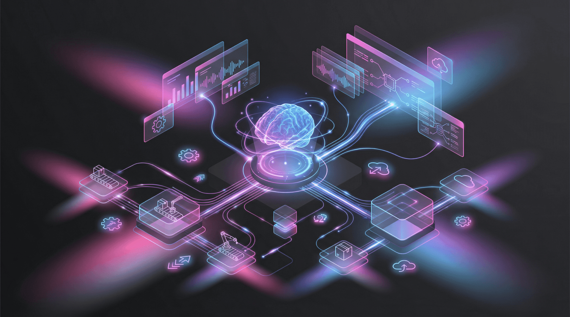 Third-party warehouse management platform shown as a glowing control core linked to dashboards and racks