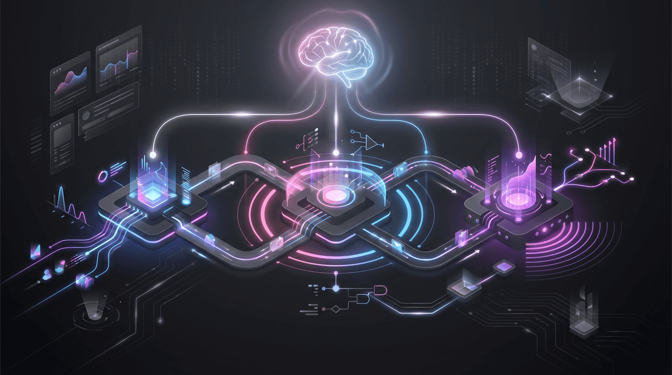 Types of automated emails visualized as glowing workflow paths branching from a central brain-like engine
