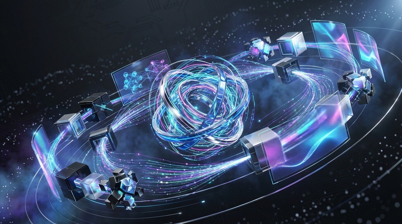 Ecommerce management concept: store screens and devices orbiting a glowing core in a dark digital space