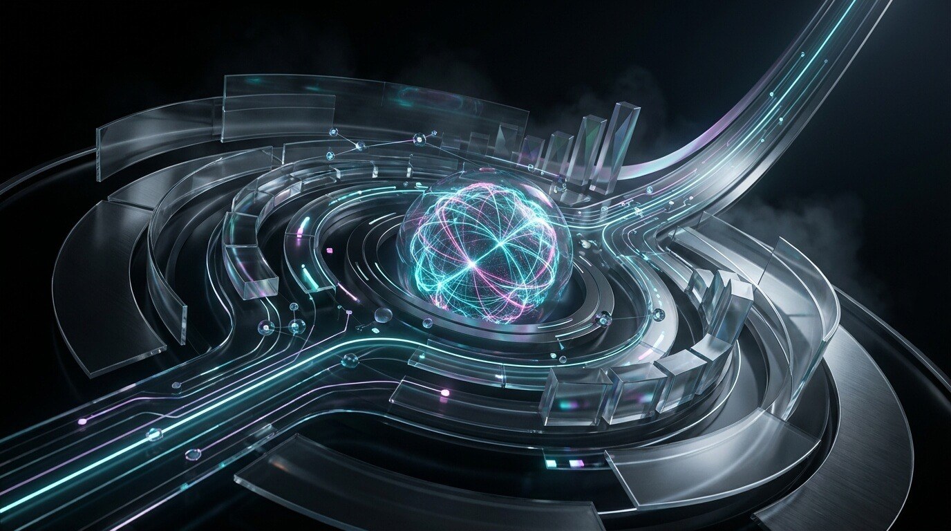 Financial performance software concept: a glowing data core with flowing light bands in a dark space