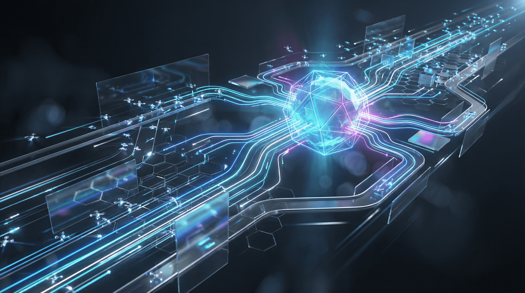 Fulfillment business process concept: data lines converging on a glowing processing core like a circuit board