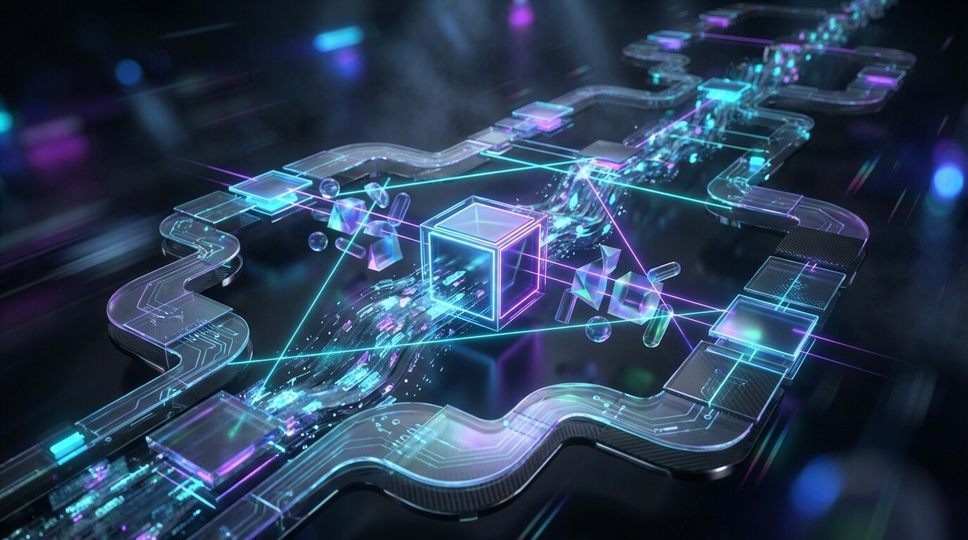 How to find Amazon FBA products: a glowing product cube at the center of data paths, like research signals