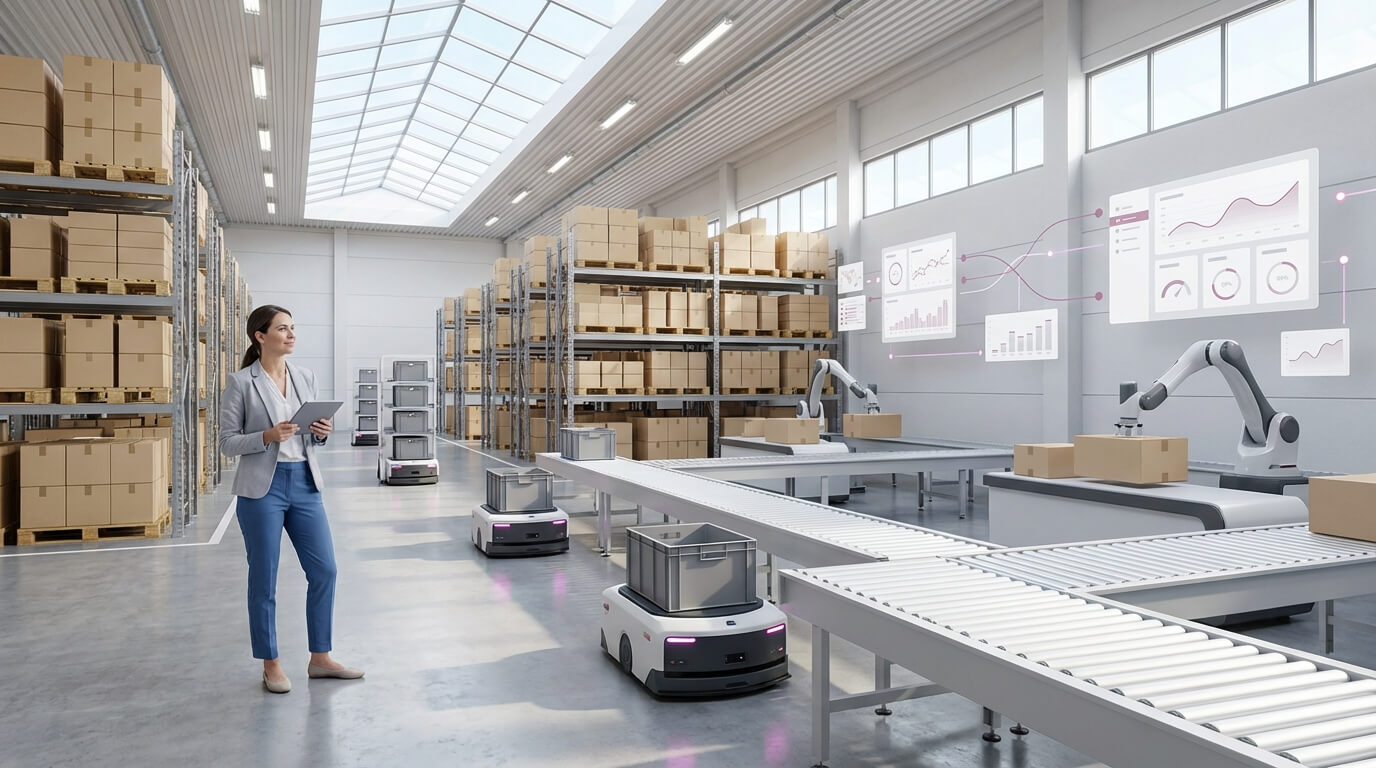 Robotics warehouse news today: a manager watches mobile robots and robotic arms move goods along conveyors
