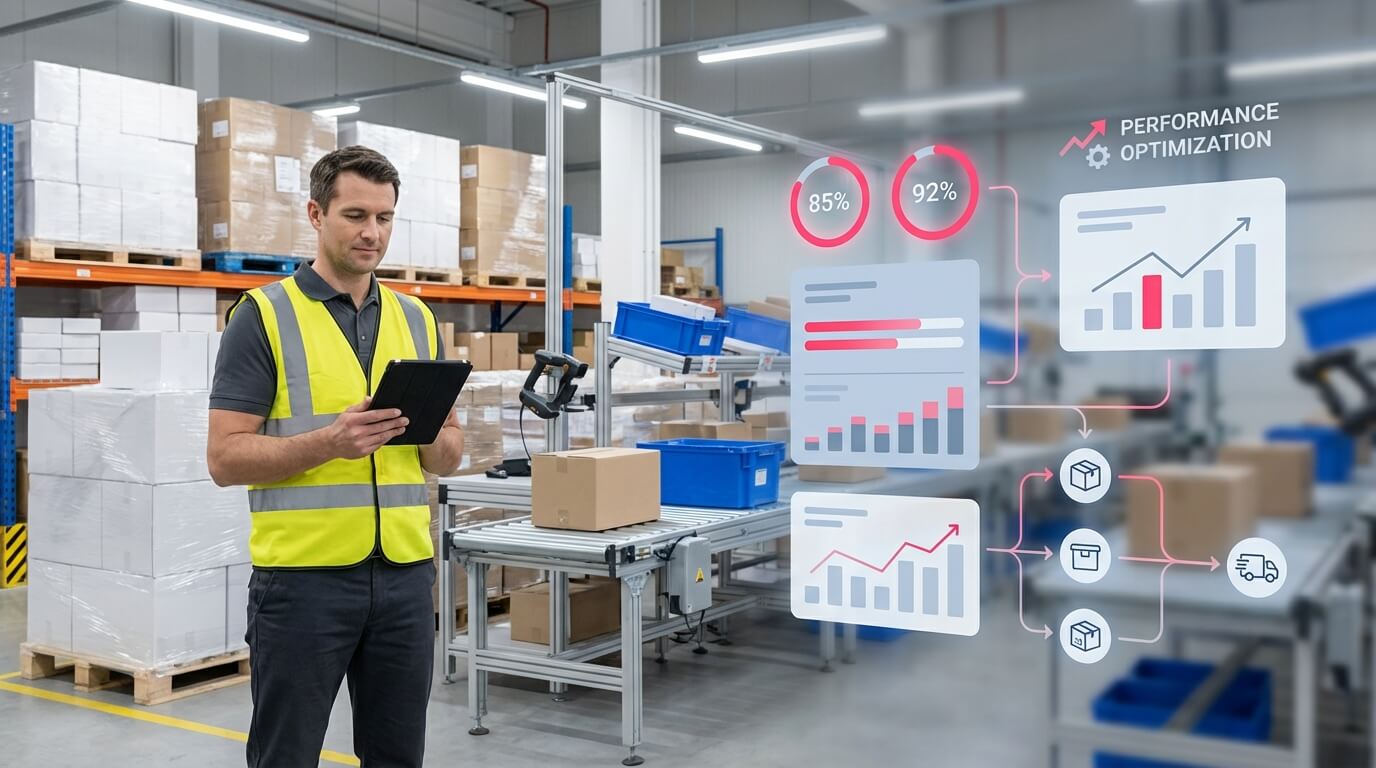 Warehouse KPIs tracked on a tablet by a supervisor, with performance charts floating over the racks
