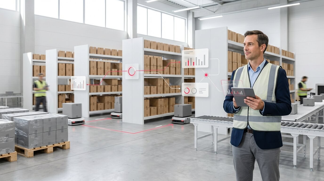 Warehouse management strategies in action: a supervisor reviews performance on a tablet between stocked racks